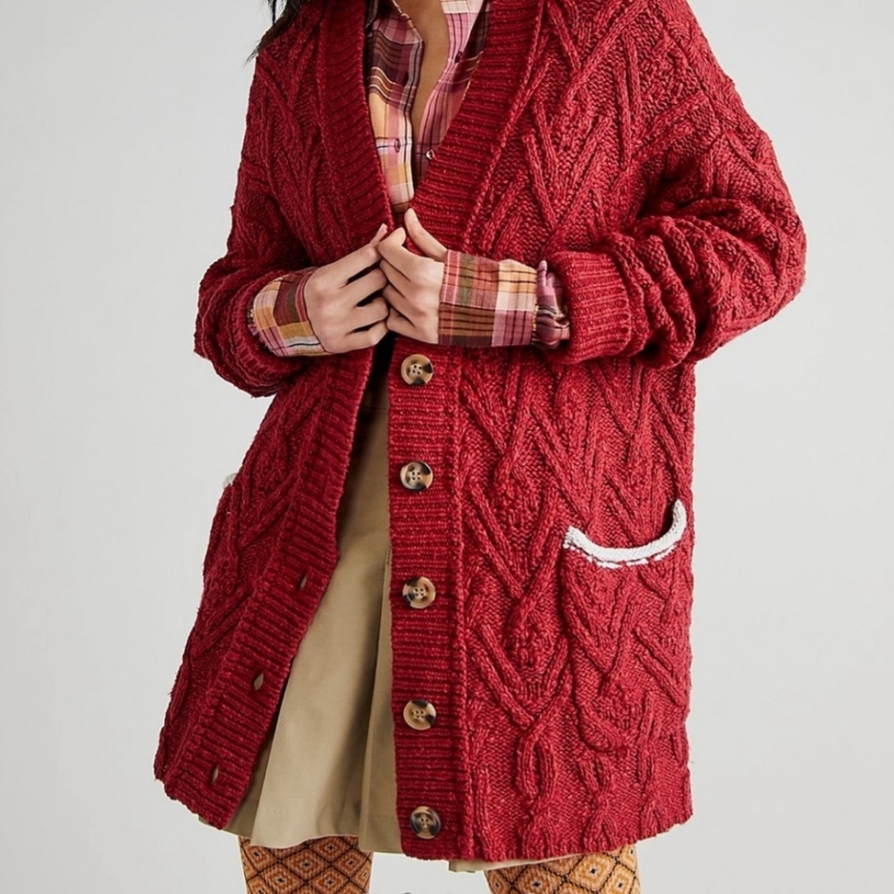 Free People Red Cable Knit Button Cardigan